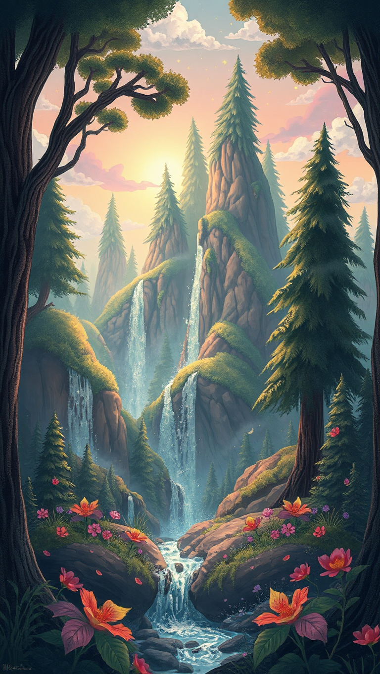 Magical Forest with Whimsical Cloud Border