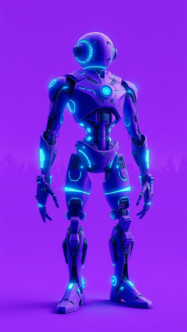 Purple Robot with Glowing Blue Circuits on Purple Background