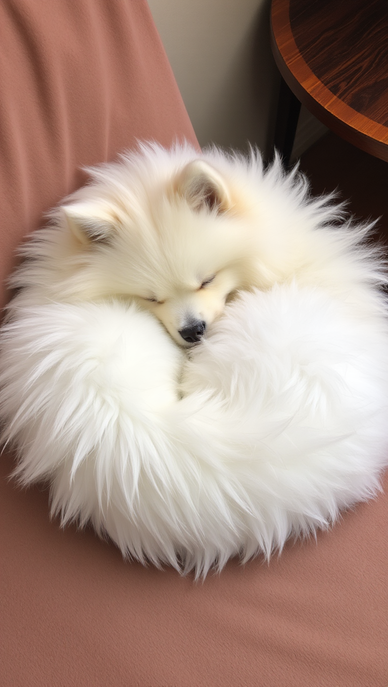 Fluffy Samoyed Sleeps Peacefully on Plush Couch