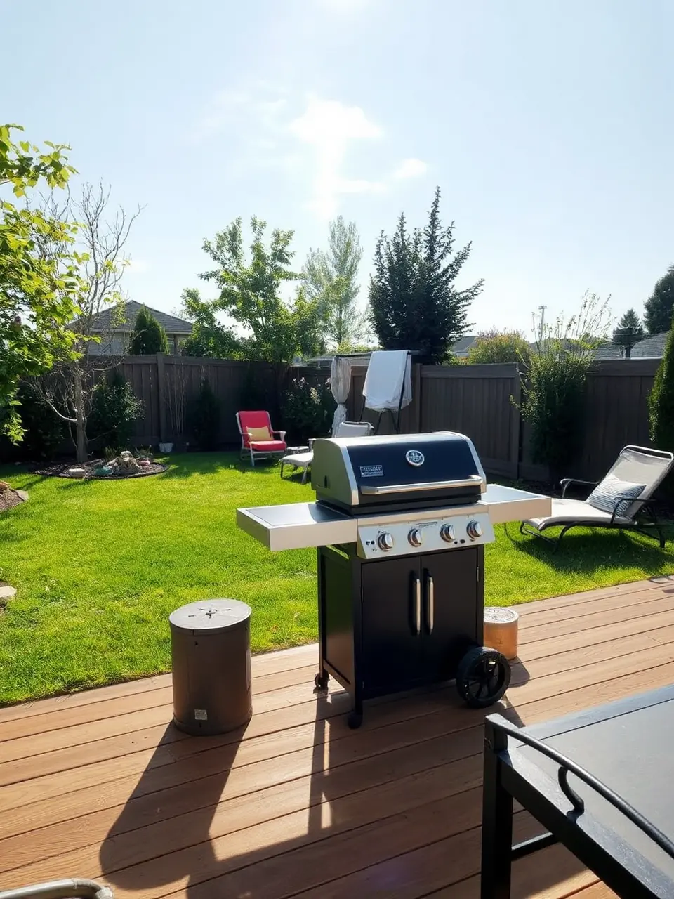 Sunny Backyard with Charcoal Grill and Lush Green Lawn