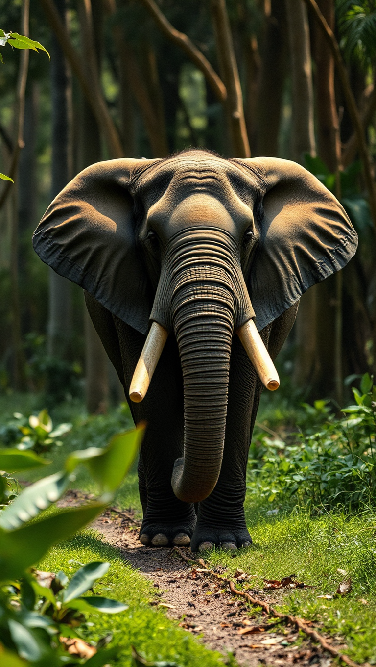 Regal Elephant Marches Through Forest with Shining Tusks