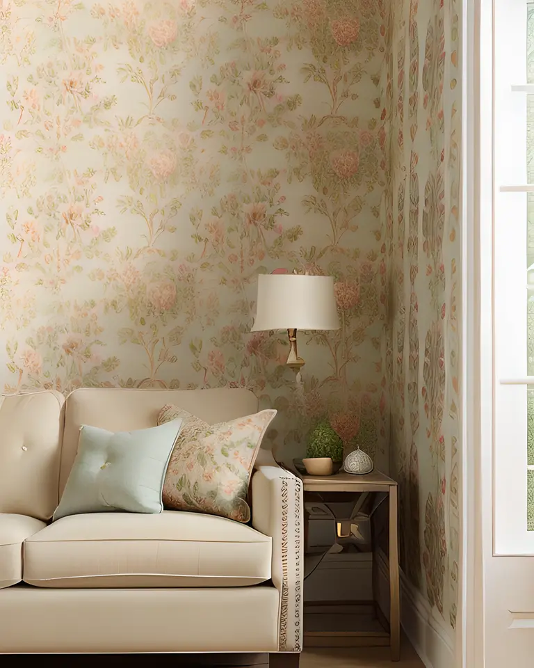 Vintage Floral Wallpaper Adorns Cozy Living Room Wall