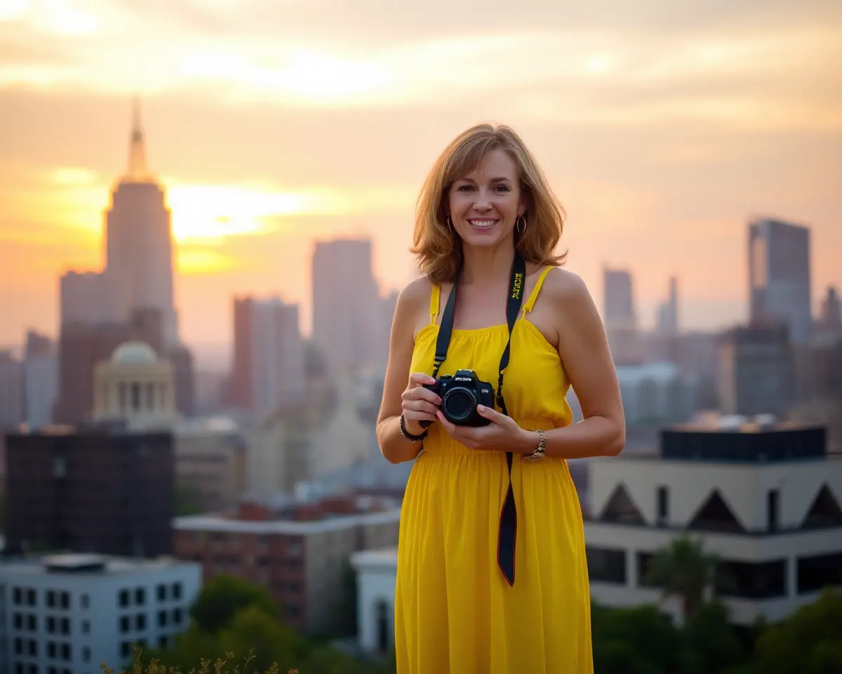 Karen Webb Captures City Skyline with Yellow Sundress and Camera