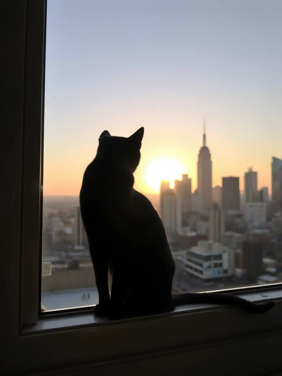 Sleek Black Cat Watches City Skyline at Dawn