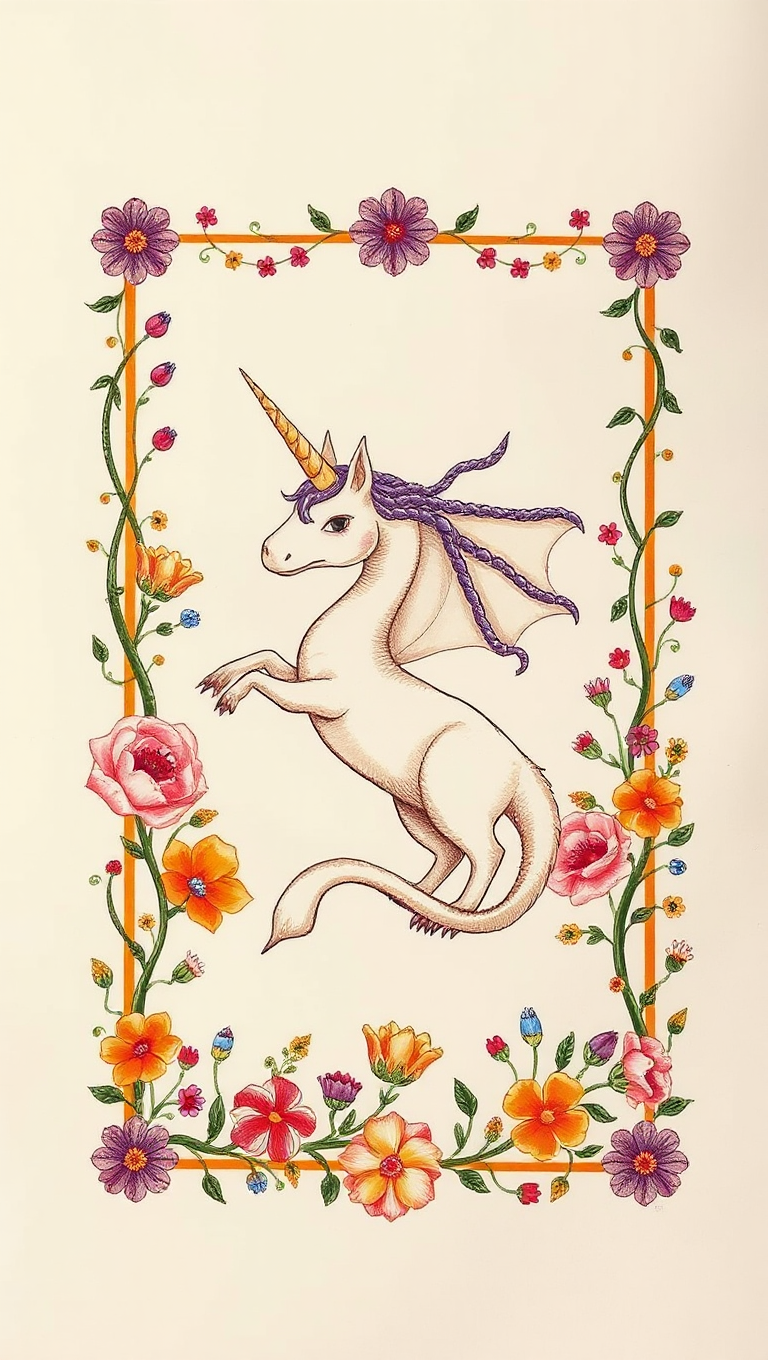 Fantastical Creature in Floral Border Background