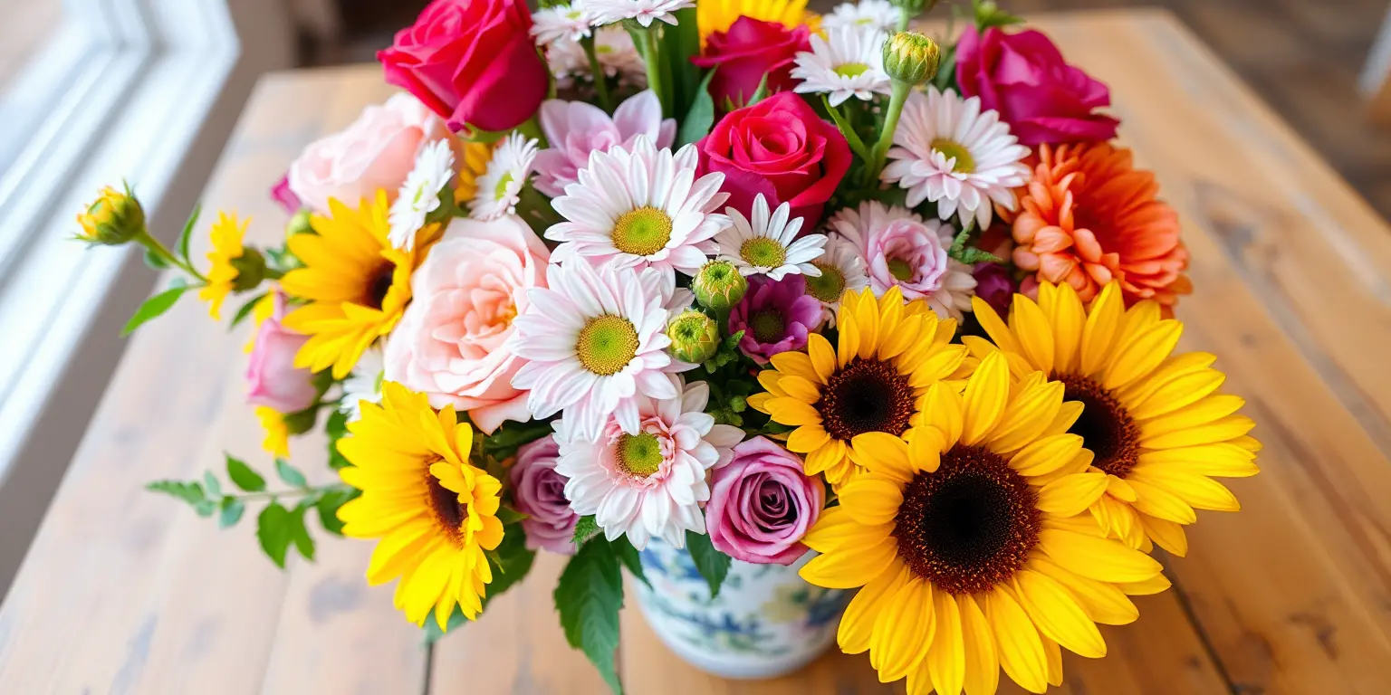 Colorful Bouquet of Mixed Flowers in Rustic Vase