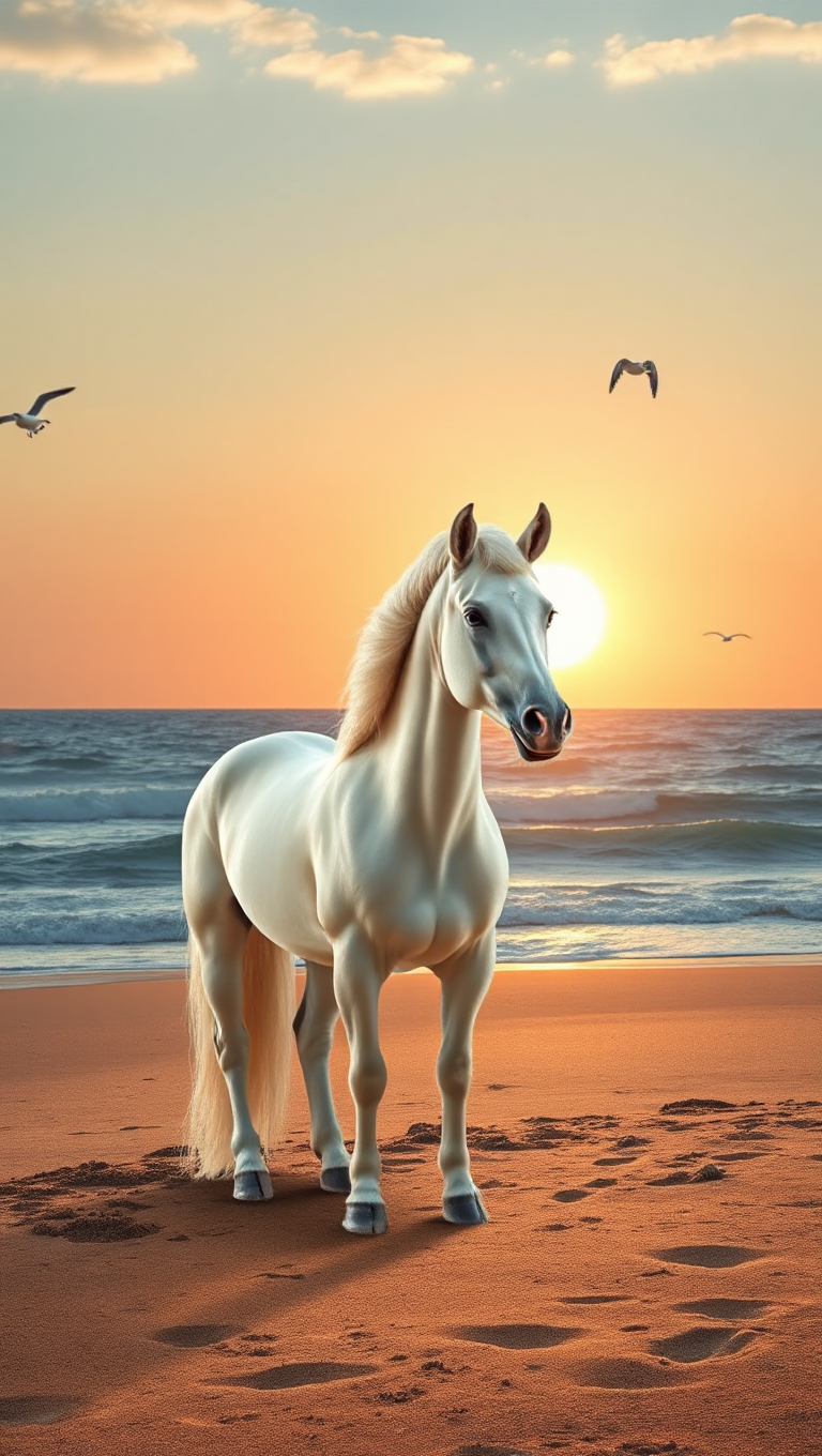 Unicorn on Sandy Beach at Sunset with Seagulls