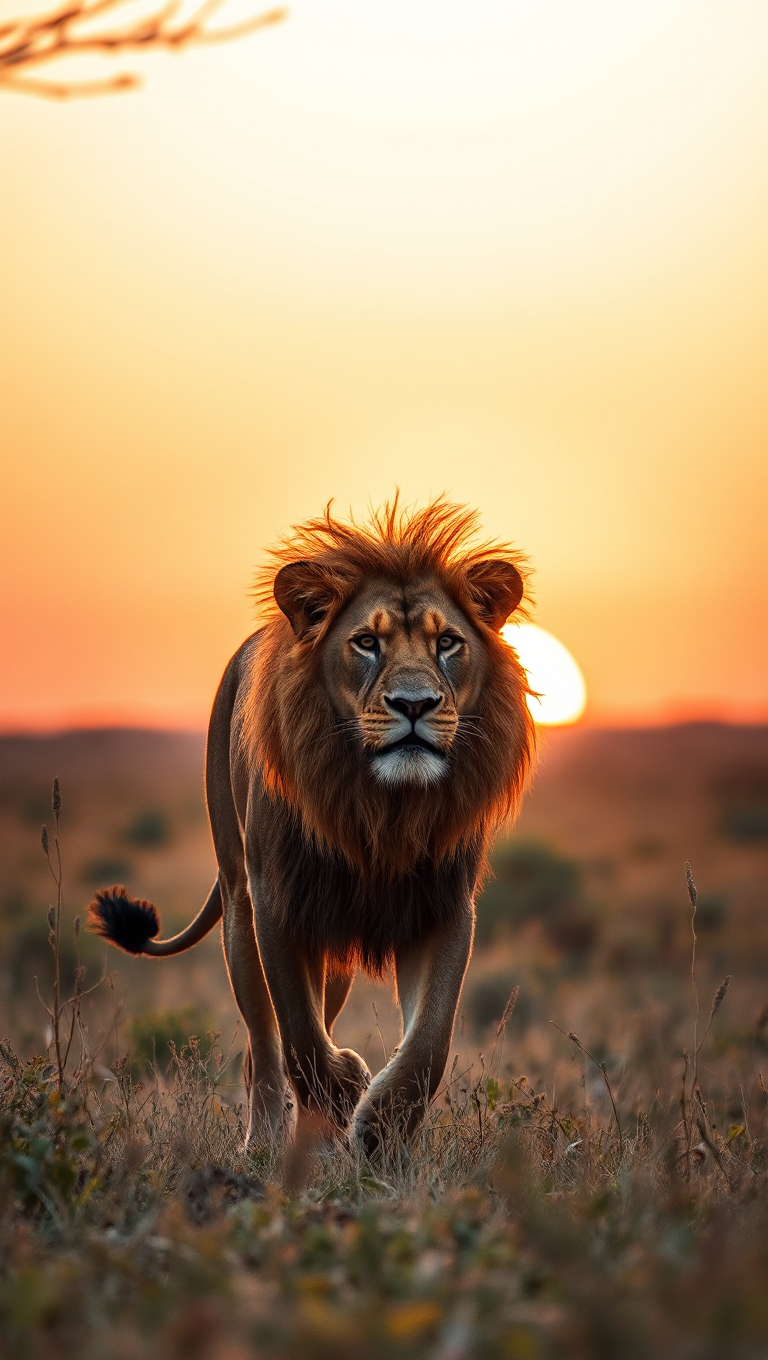 Majestic Lion's Fiery Mane Against Orange Sunset Sky