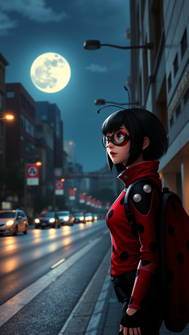 Marinette Dupain-Cheng as Miraculous Ladybug at Night City Street