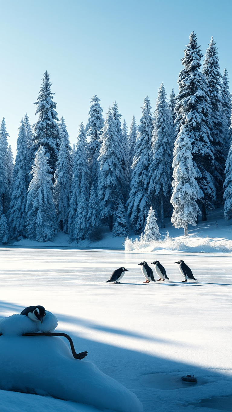 Penguins Skate and Play Hockey on Frozen Lake