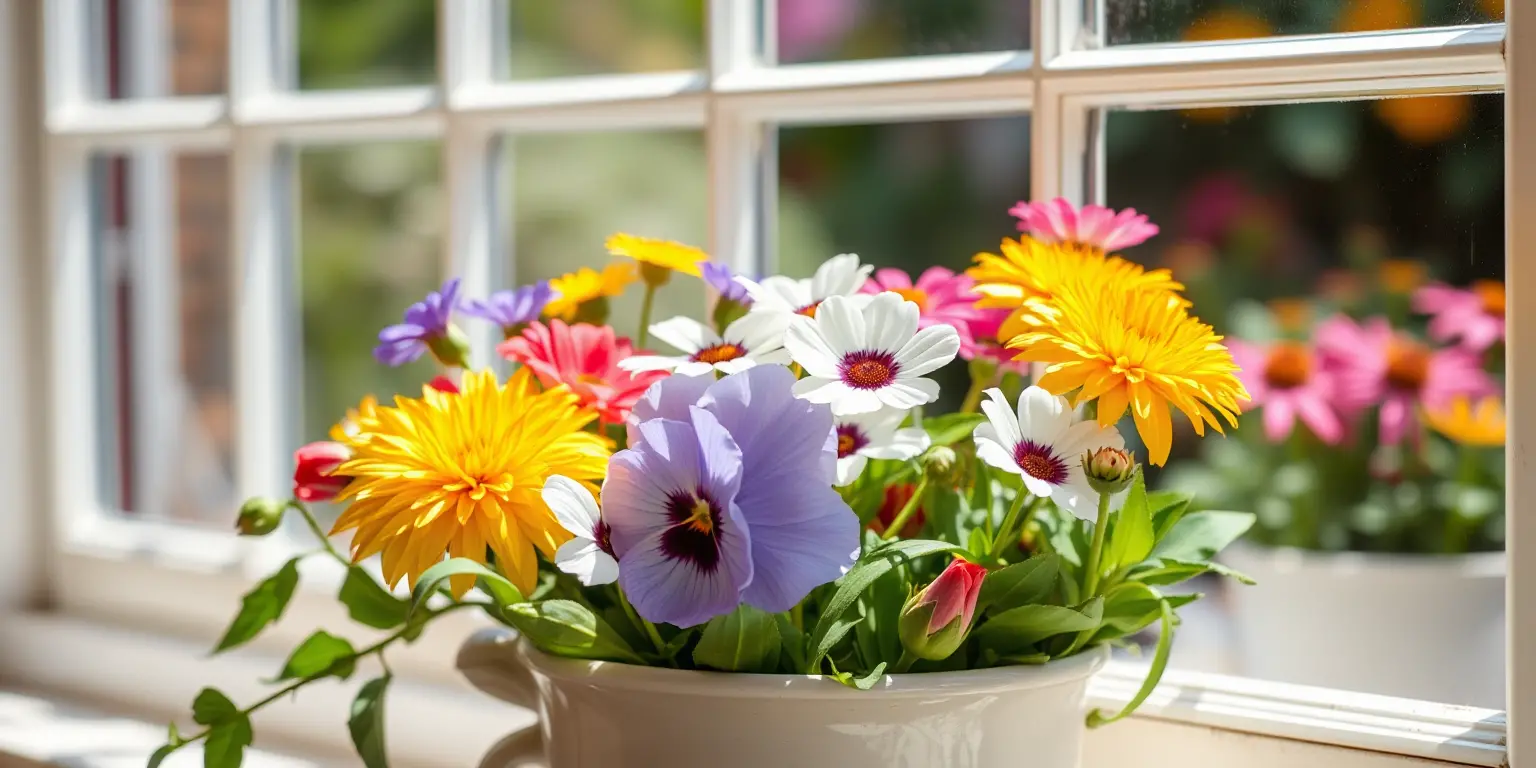 Colorful Flowers in a Ceramic Pot on a Sunny Windowsill