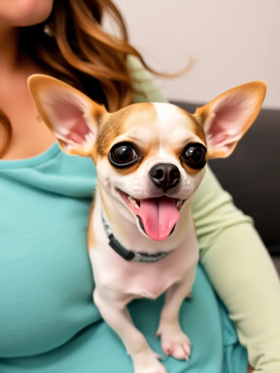 Tiny Chihuahua Snuggles with Woman on Lap