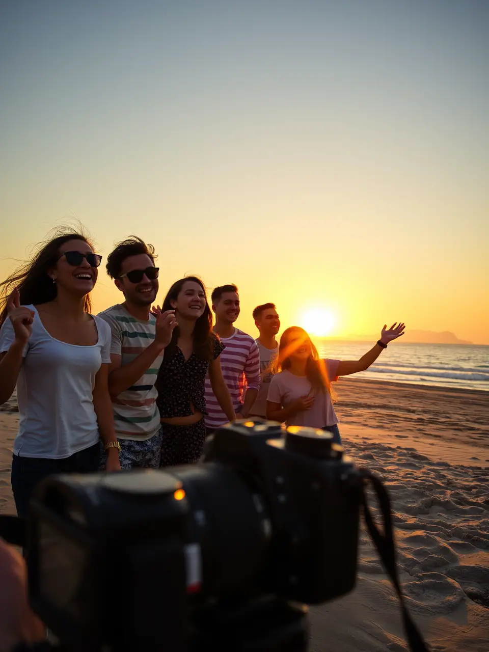 Friends Watch Sunset on Beach with Camera