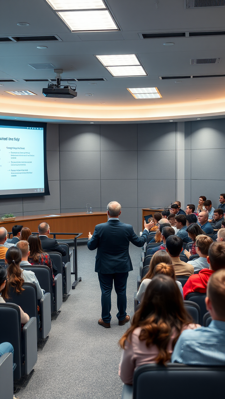 Modern Lecture Hall with Cool Grey Educational Background and Professor