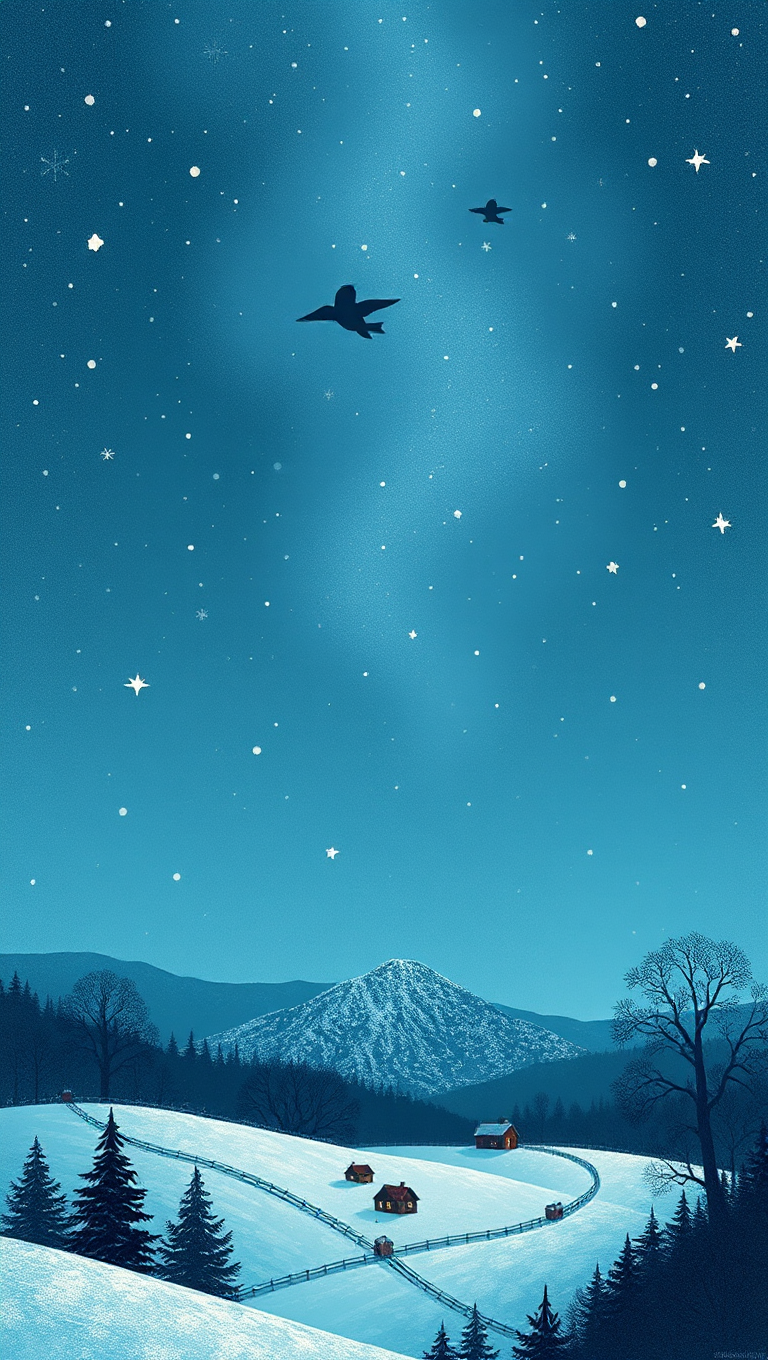 Whimsical Winter Night Sky with Twinkling Stars and Snowflakes