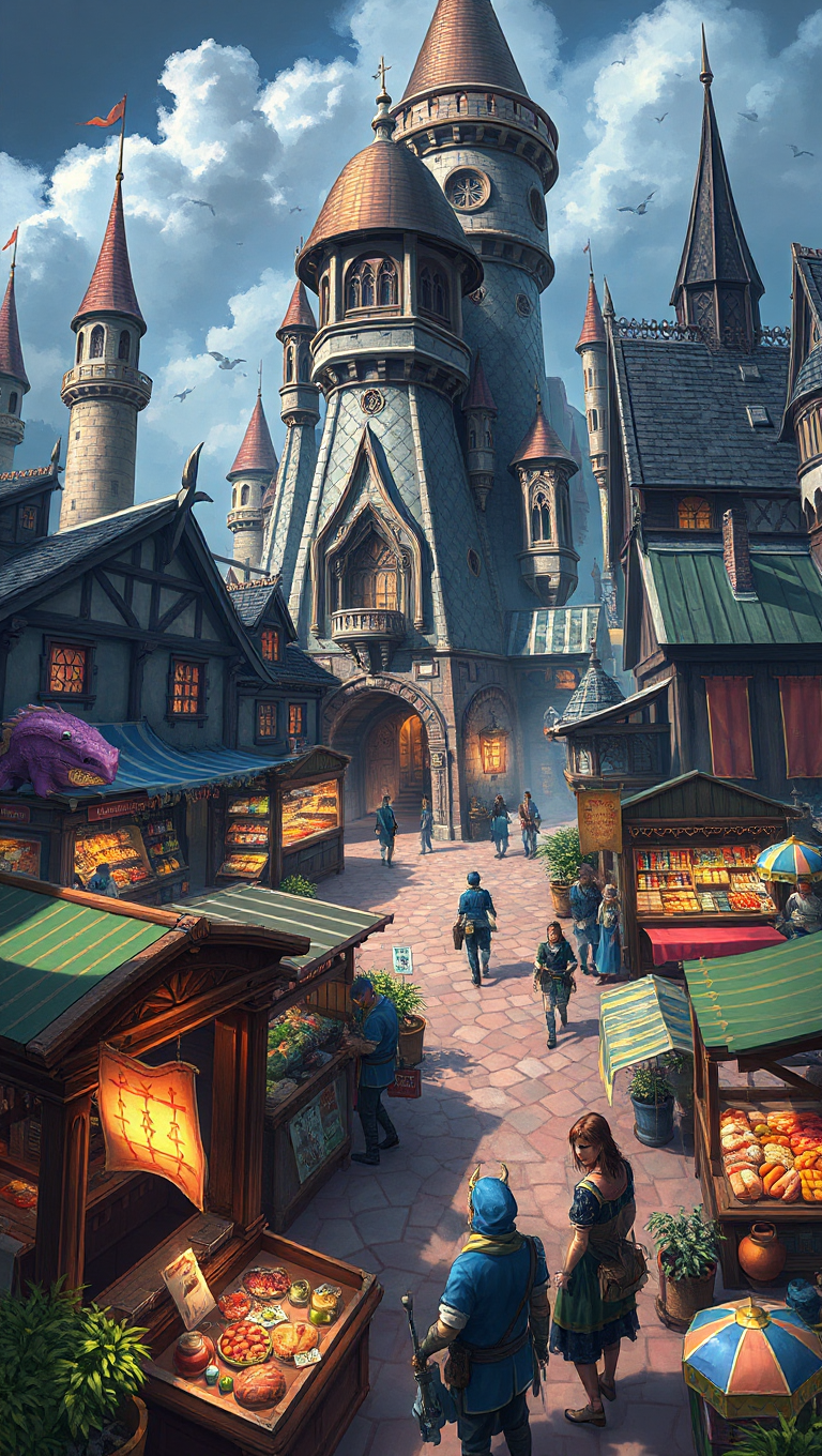 Vibrant Market Anime Backgrounds for Fantasy Adventure Visual Novels