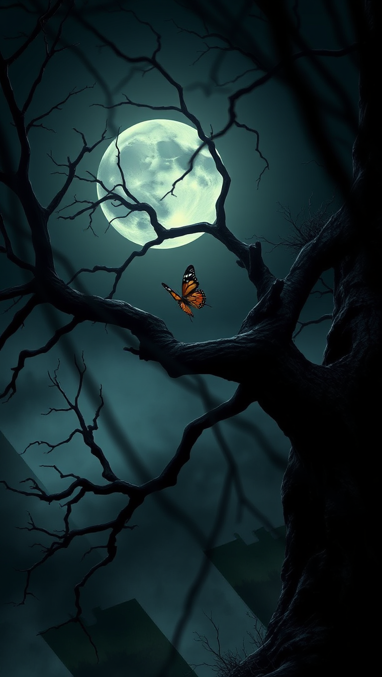 Dramatic Moonlit Landscape with Butterfly on Twisted Tree