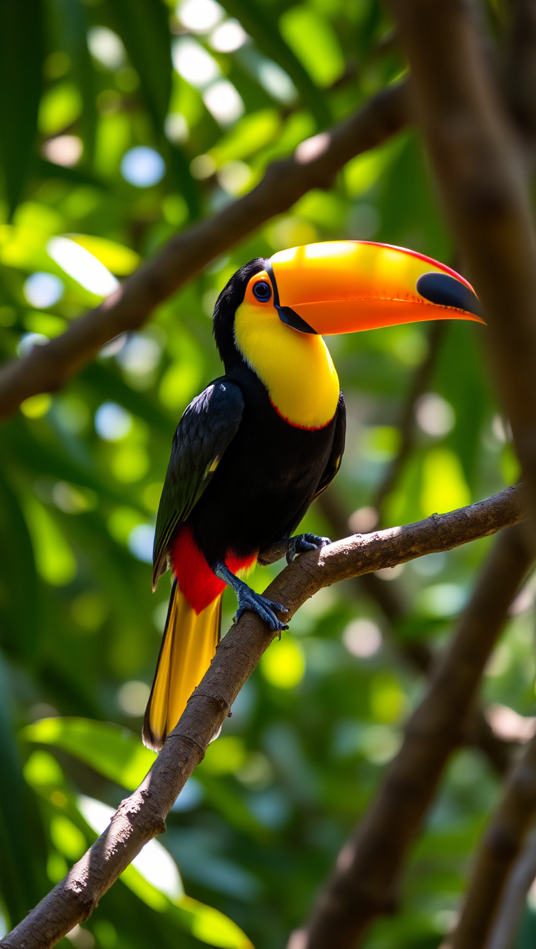 Toucan Perches on Branch in Rainforest