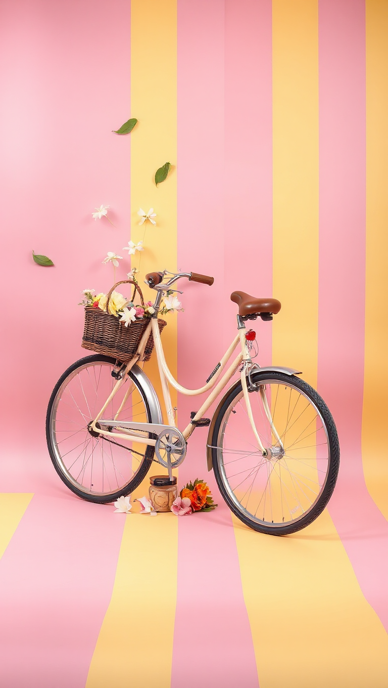 Pink Yellow Retro Bicycle Vintage Flowers Basket