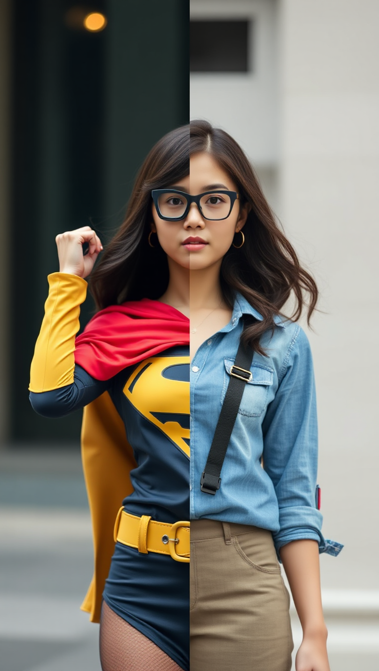 Split-Screen Marinette Dupain-Cheng in Superhero and Civilian