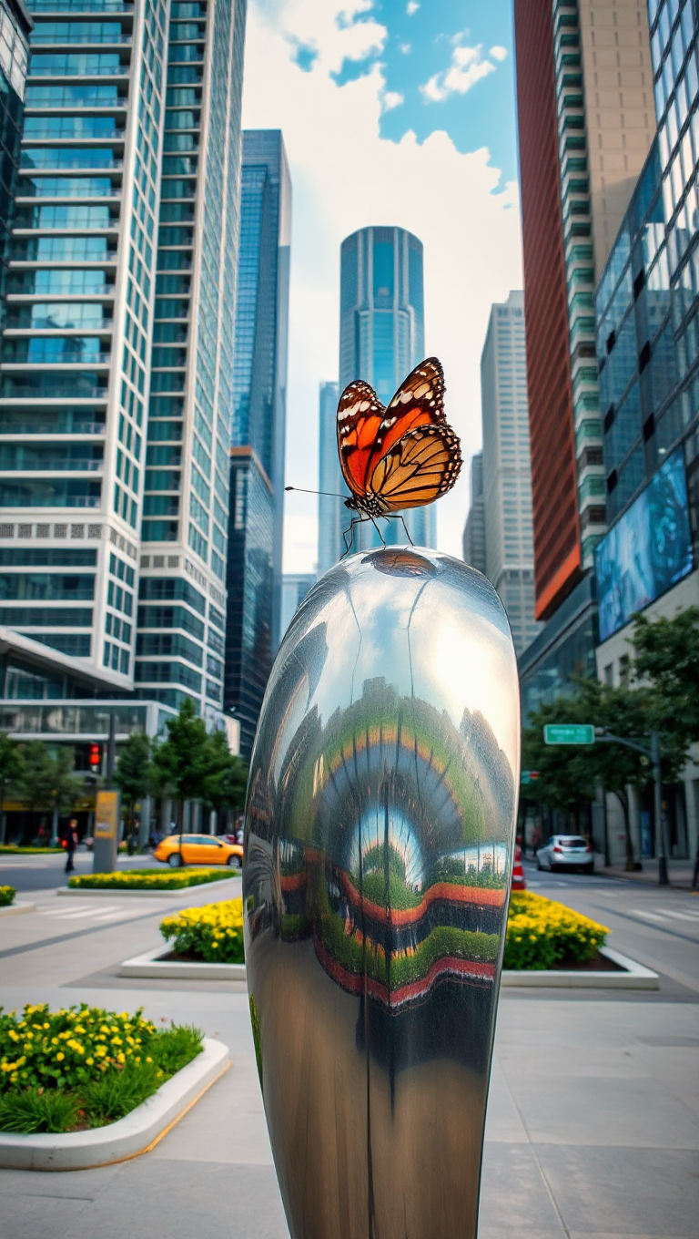 Modern City Park with Butterfly on Metallic Statue