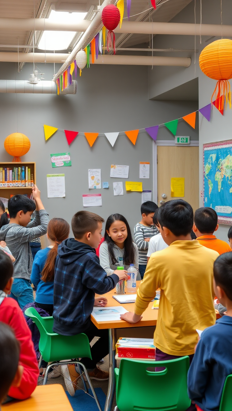 Vibrant Community Center with Cool Grey Educational Background and Colorful Decor