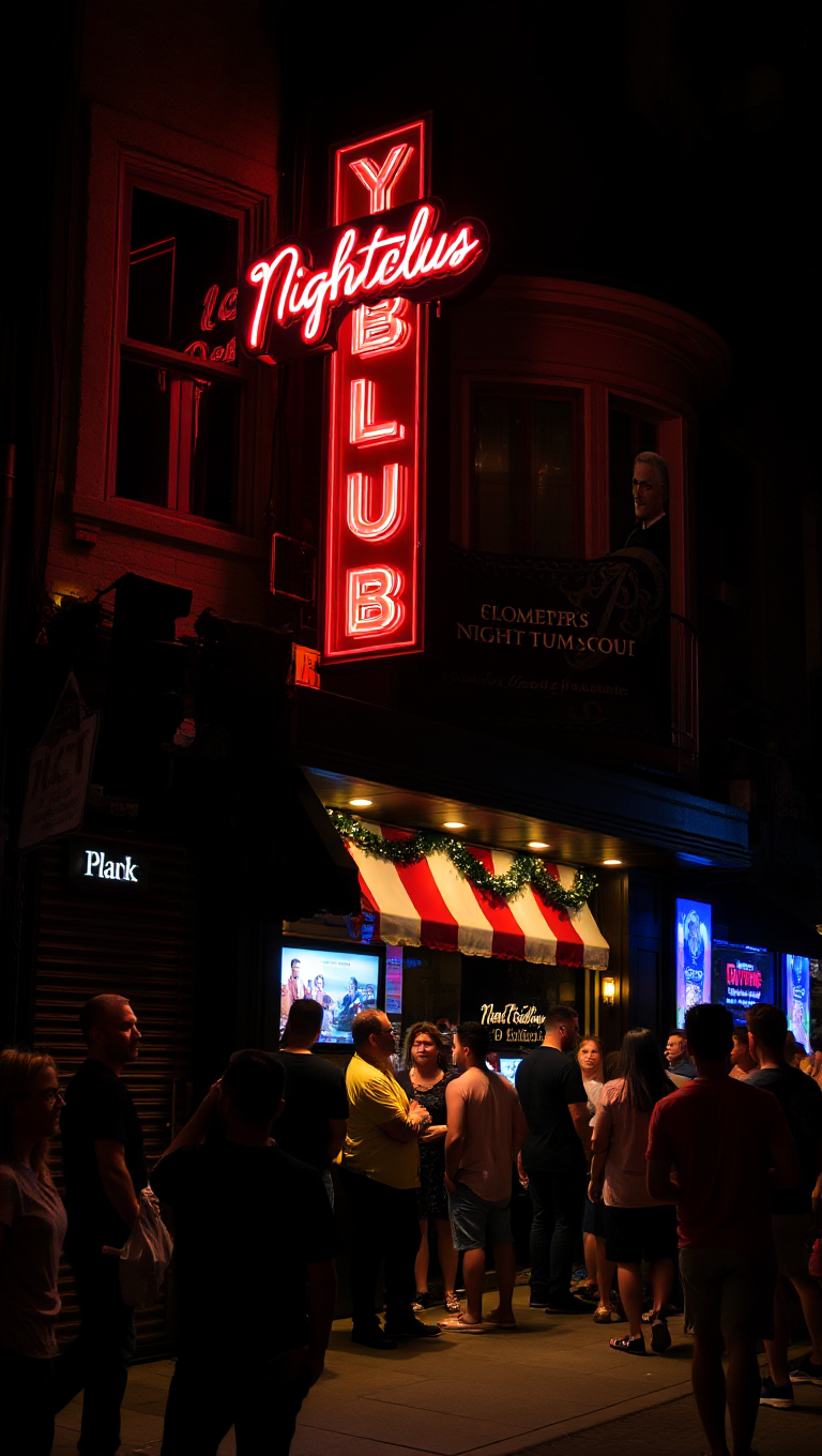 Bustling Nightclub with People Waiting to Get In at Night