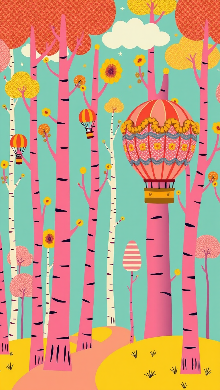 Pink Yellow Whimsical Forest Retro Hot Air Balloon