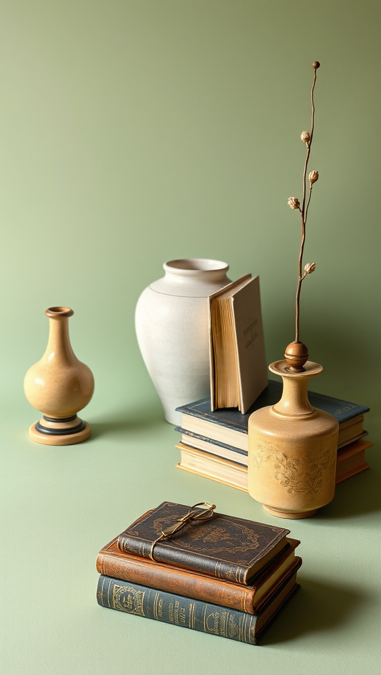 Vintage Books and Antique Vases on Sage Green Background