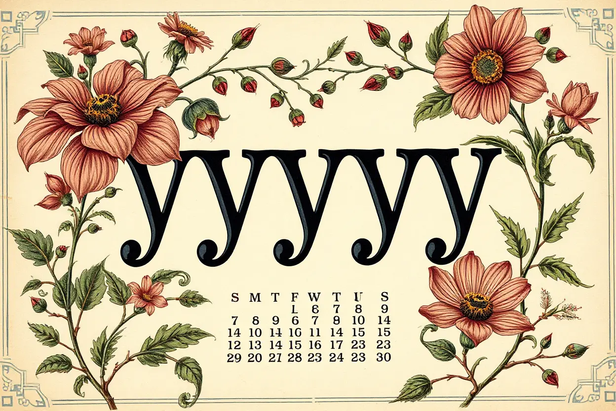 Vintage Calendar with Intricate Illustrations and Year "yyyyy