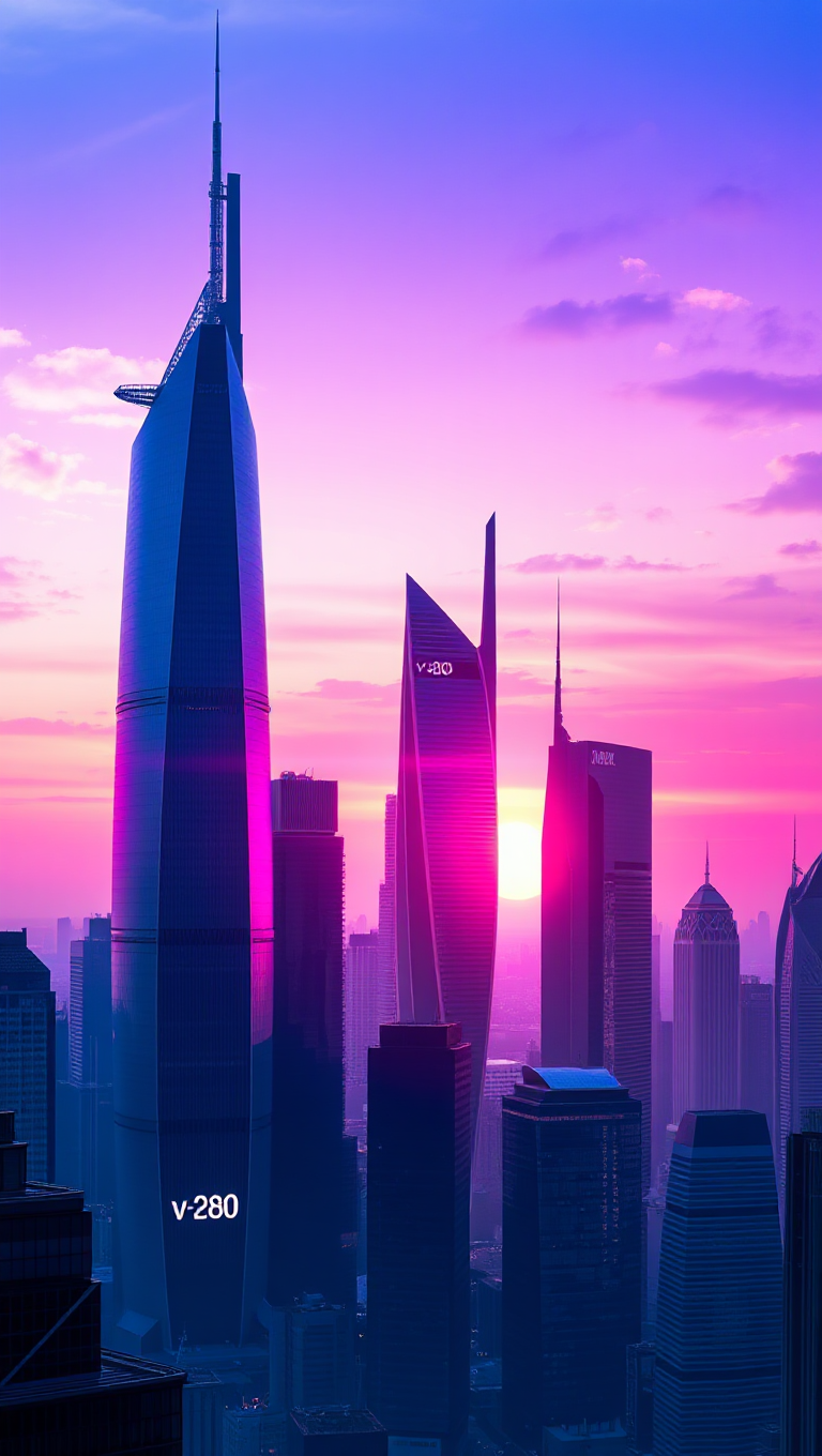 Futuristic Cityscape with V-280 Logo at Sunset