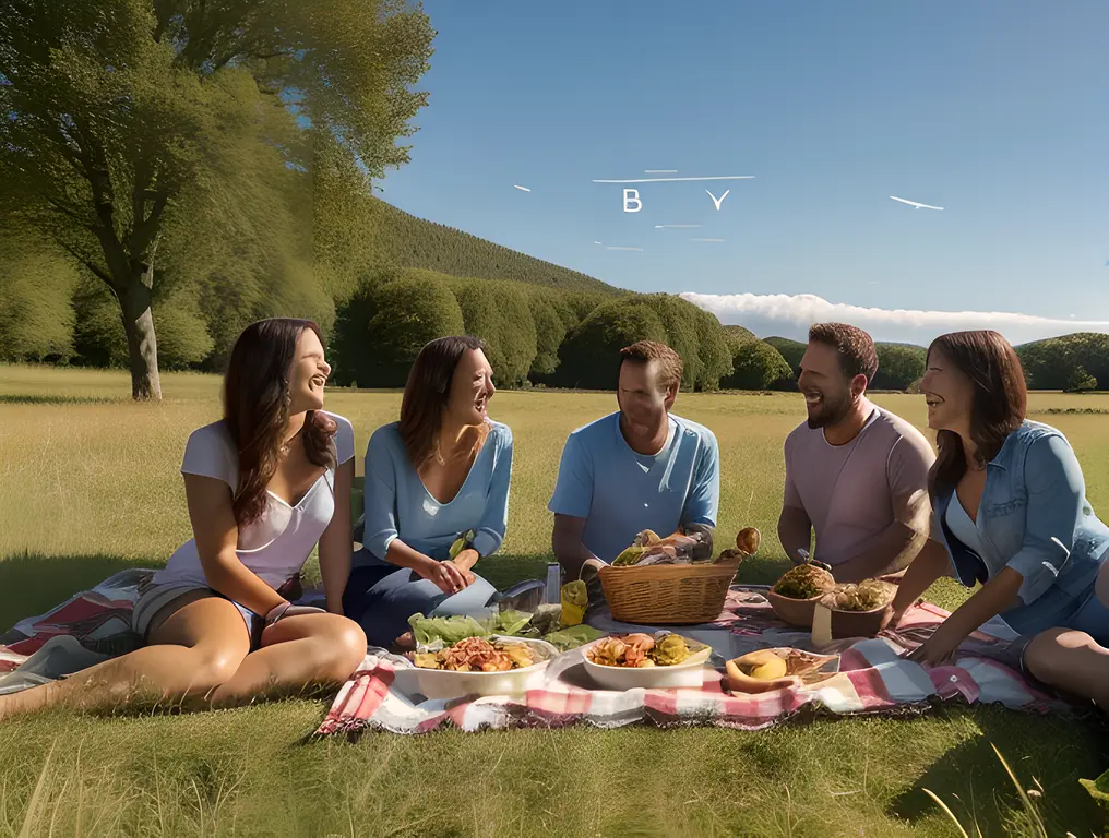Friends picnic in meadow with "abcdefg" written in sky.