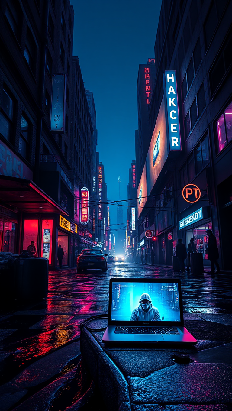 Cyberpunk Cityscape with V-280 Hacker's Laptop