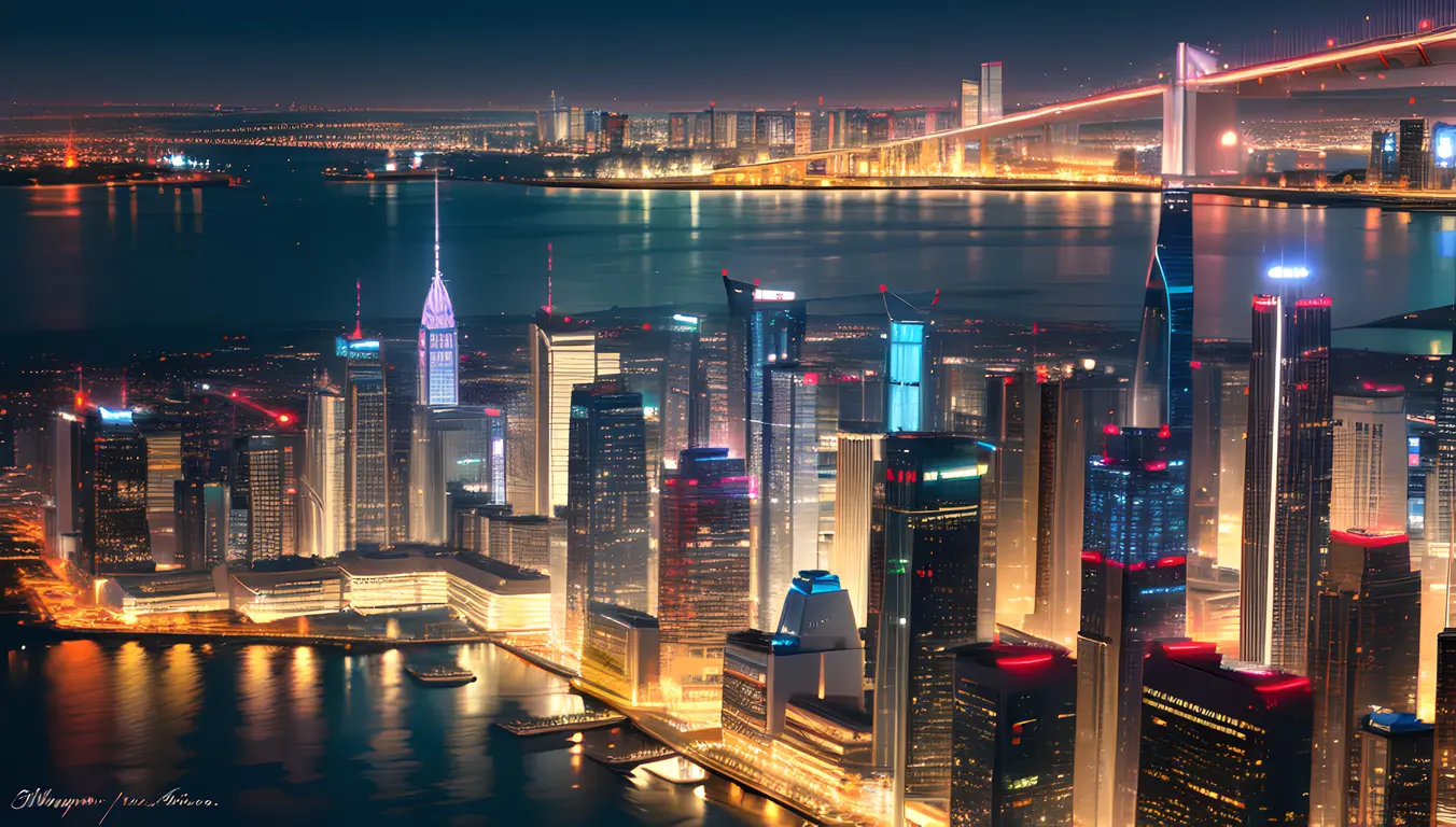 Futuristic Cityscape with Five A-Shaped Skyscrapers Reflects Nightlife