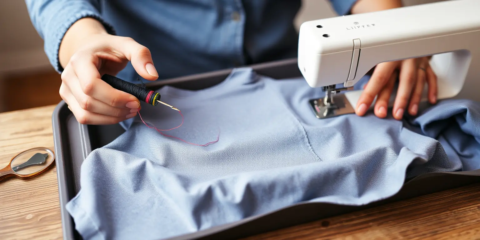 Person Holding Needle and Thread for Garment Sewing