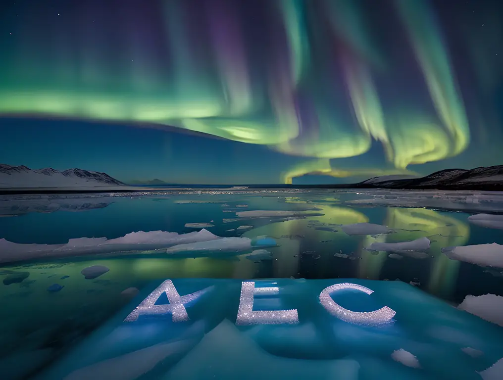 Aurora borealis displays "abcdefg" in glittering ice crystals.