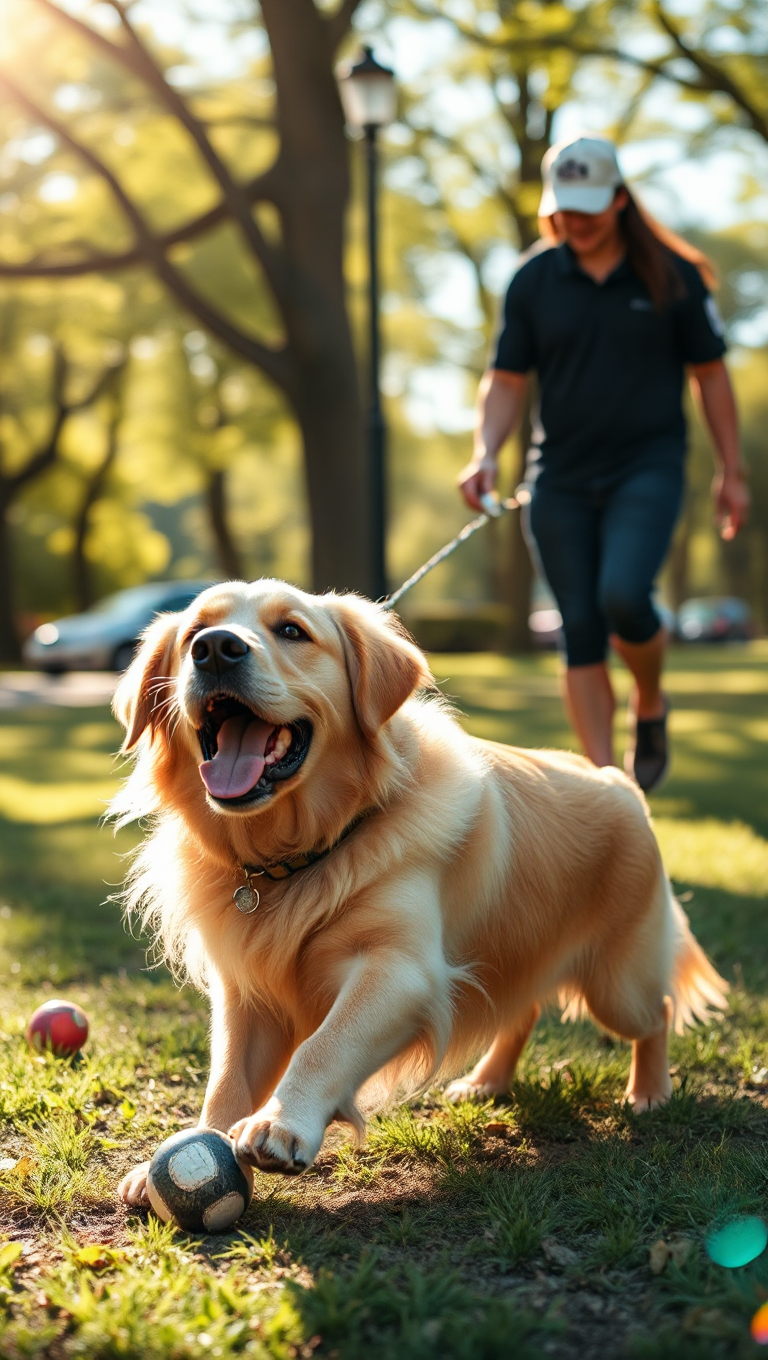 Happy Golden Retriever Plays Fetch in Sunny Park Afternoon