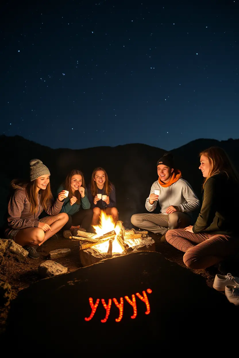 Campfire Gathering with Glowing Rock Marker