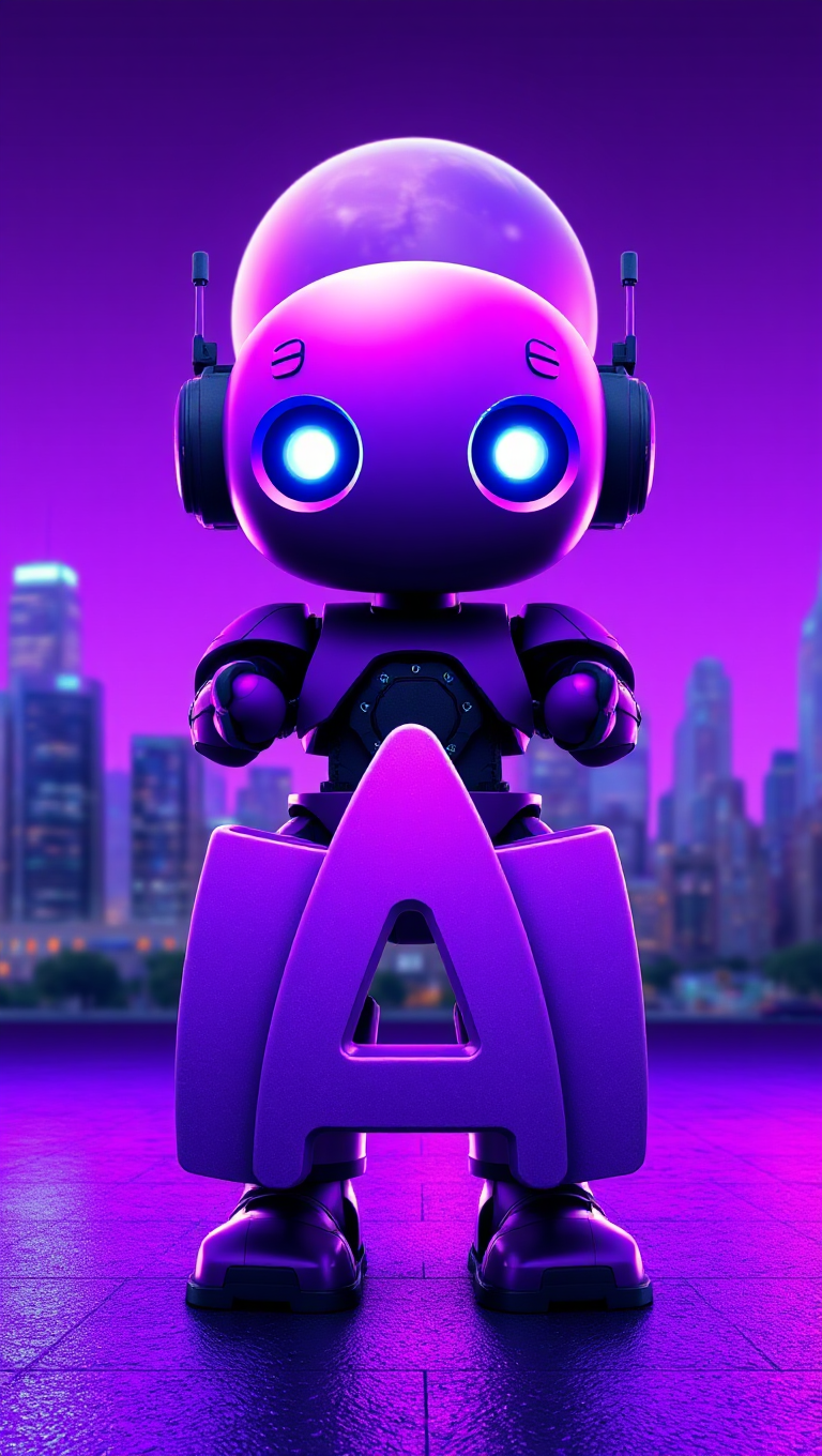 Purple Robot with Glowing Blue Eyes on Purple Background