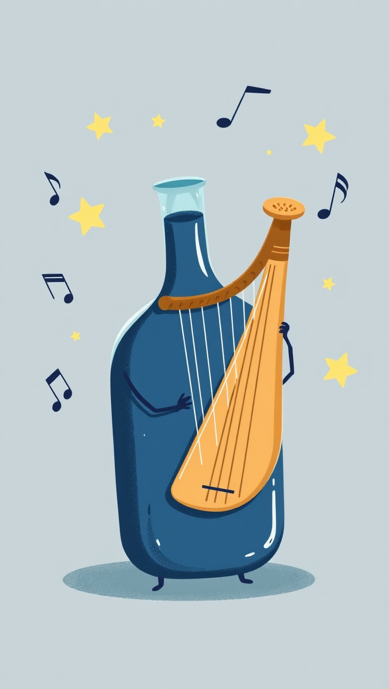 Whimsical Flask Plays Deep Blue Harp with Musical Notes