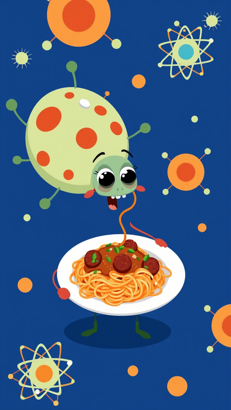 Cartoon Cell Cooks Spaghetti on Deep Blue Background