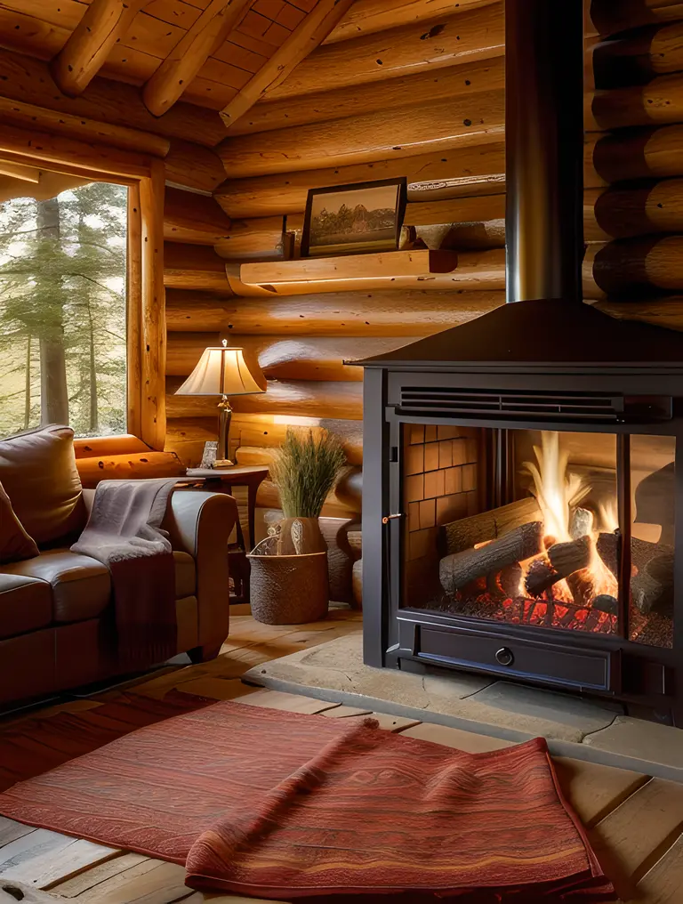 Cozy Cabin in Woods with Warm Fire and Plush Throw Blankets