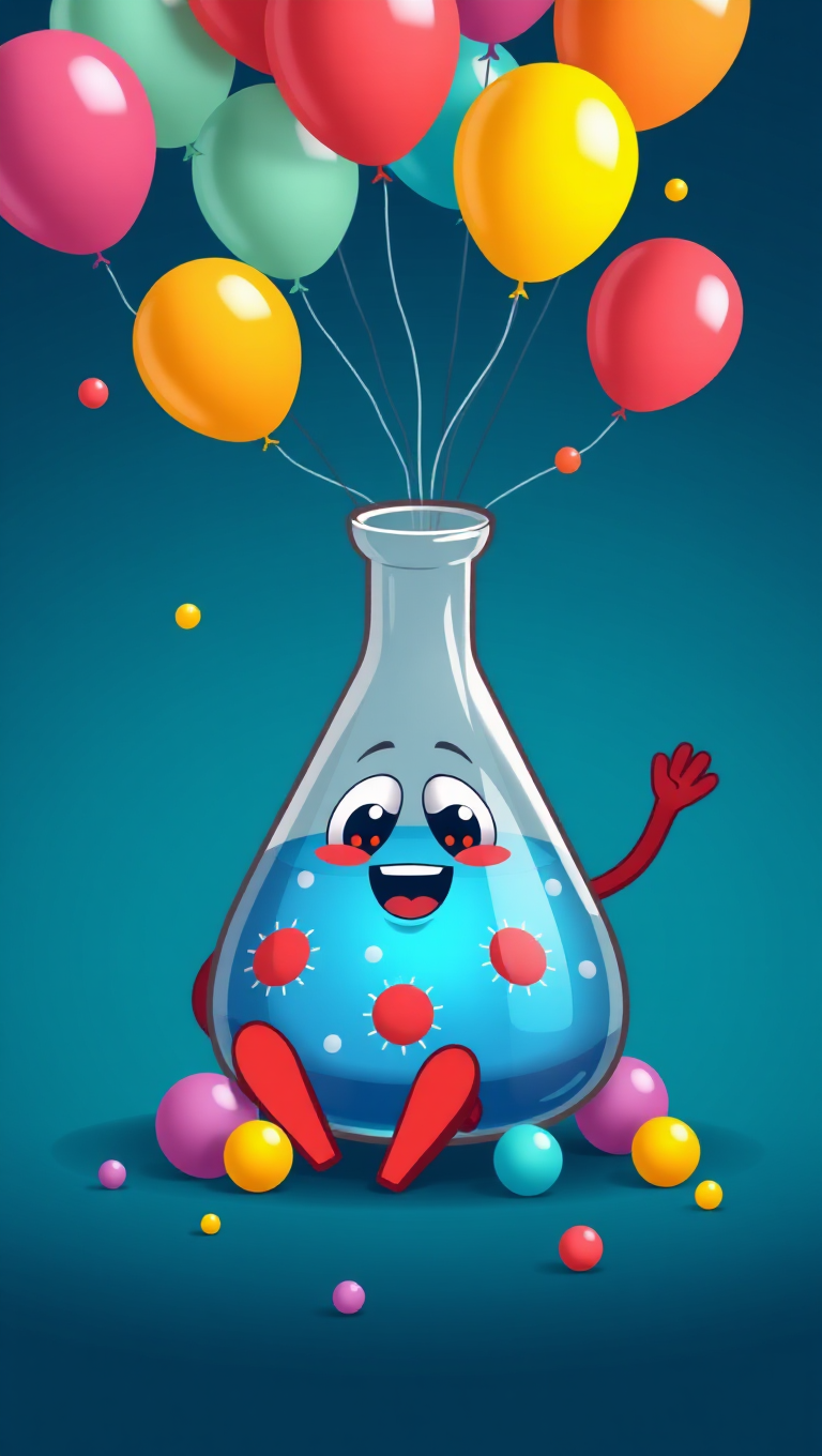 Cartoon Flask Sits on Deep Blue Background with Colorful Balloons