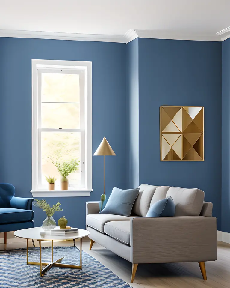 Minimalist Living Room with Geometric Gray and Blue Wallpaper