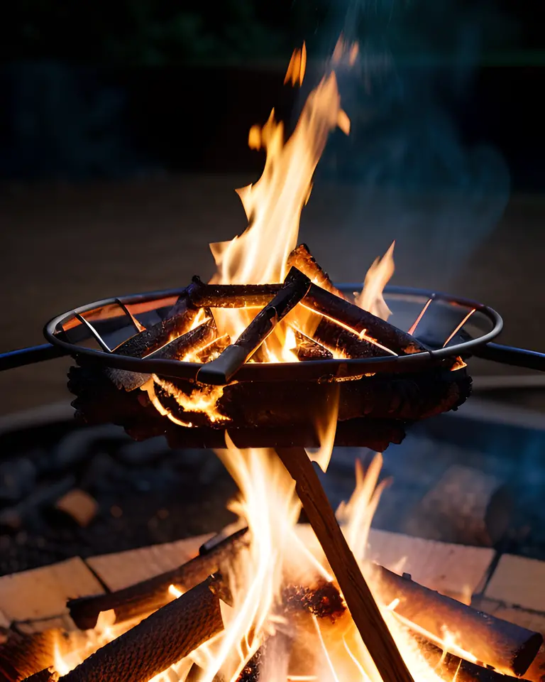 Crackling Campfire with Radiant Embers and Rustic Backdrop