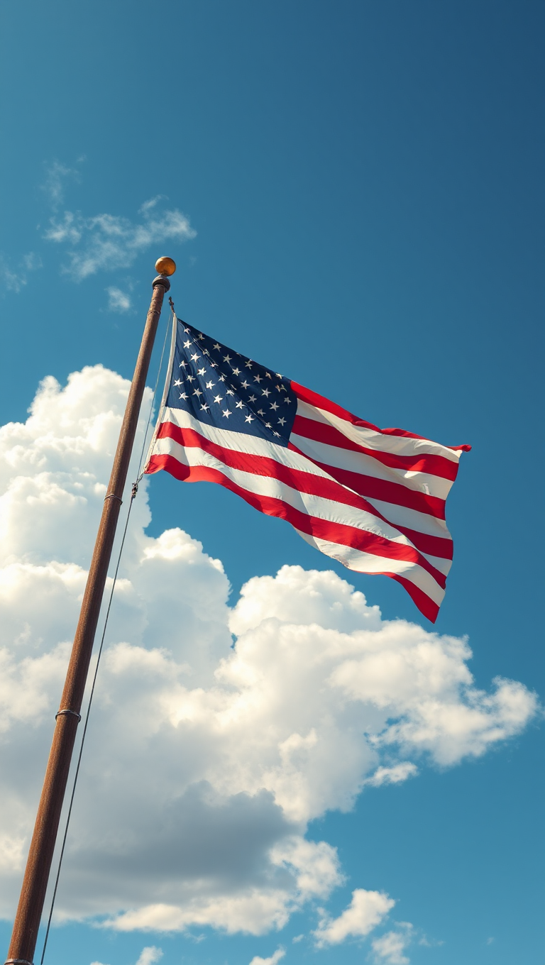 Vintage American Flag Illustration Against Blue Sky Background