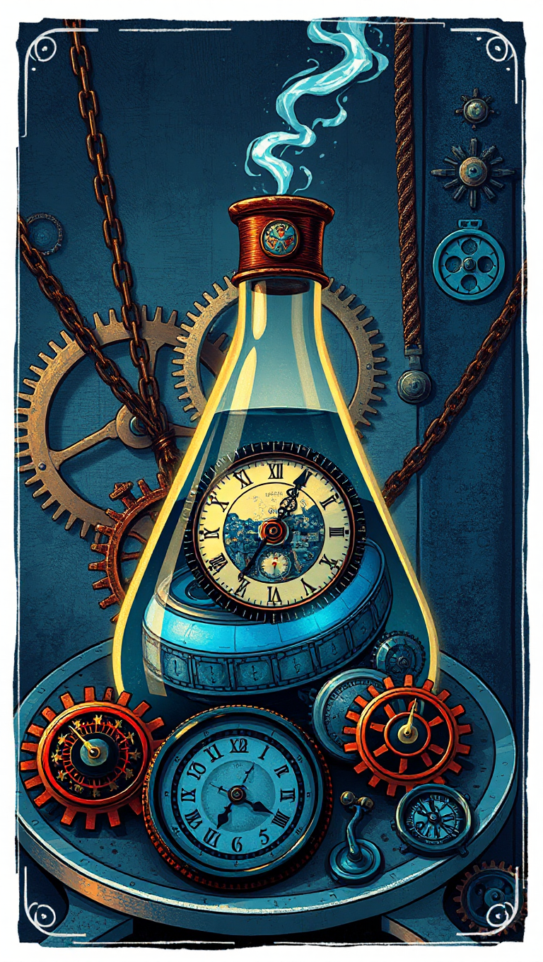 Time-Traveling Flask Surrounded by Deep Blue Clockwork Mechanisms