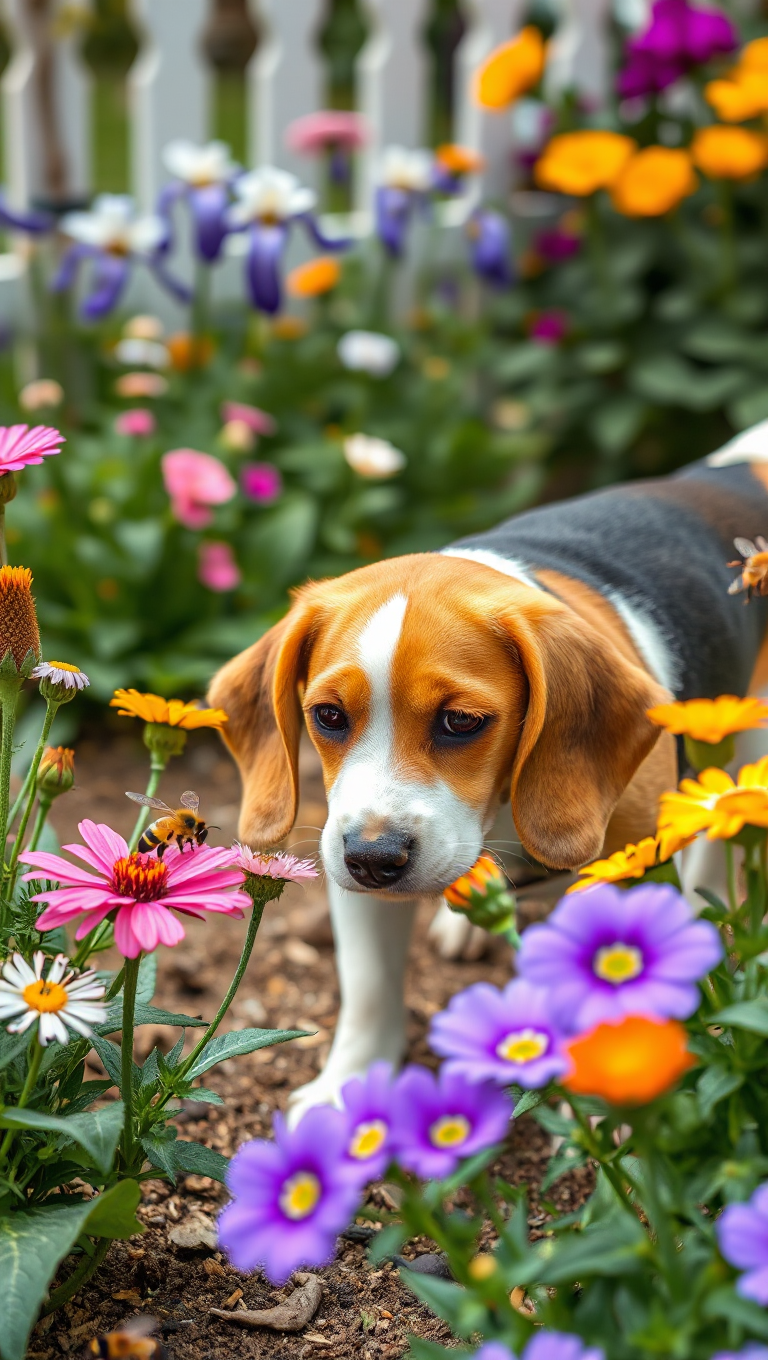 Playful Beagle Sniffs Flowers and Bees in Garden