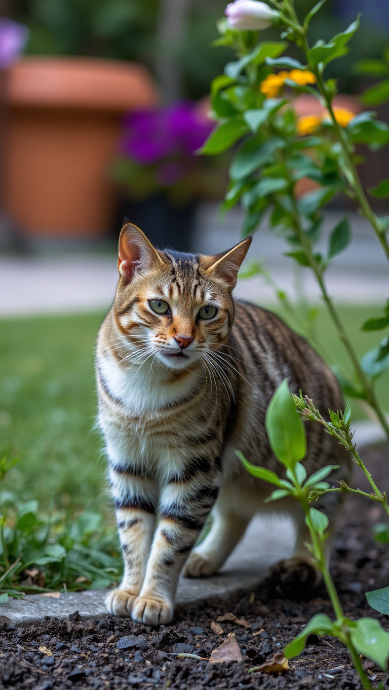 Brave Cat Standing Guard at Garden Edge