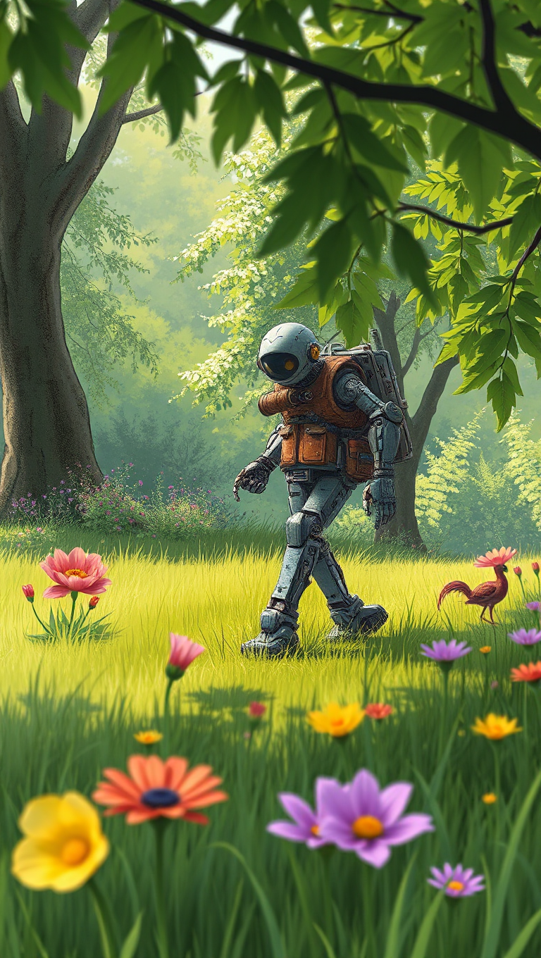 Steampunk Robot Takes Leisurely Stroll in Park